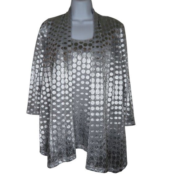 New Onyx Nite Silver Metallic Polka Dot Tank Top & Sheer Cardigan Set Womens S - Picture 1 of 11
